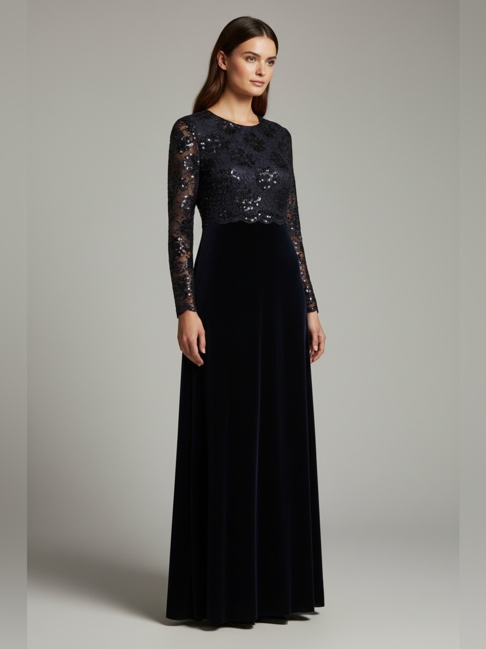 Donna Morgan Black Lace & Sequin Long Evening Accent